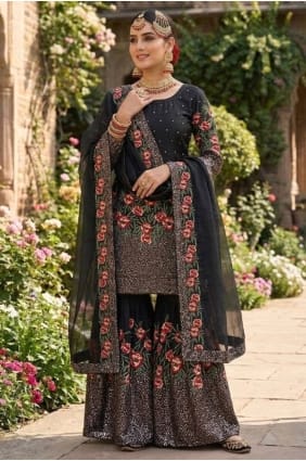 Ensemble palazzo noir en soie à sequins avec dupatta PZ4432