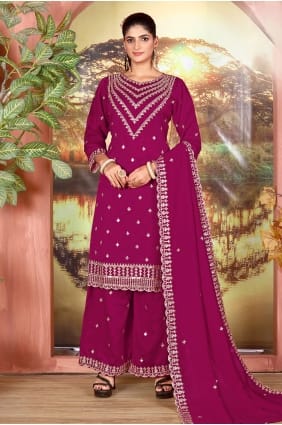 Ensemble palazzo magenta en soie à sequins avec dupatta PZ4417