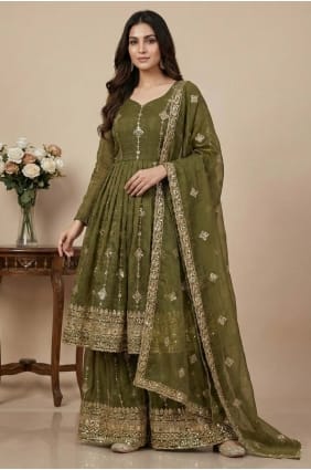 Ensemble palazzo en soie vert Mehendi à sequins PZ4348