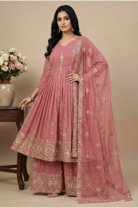 Ensemble palazzo en soie à sequins rose avec dupatta PZ4349