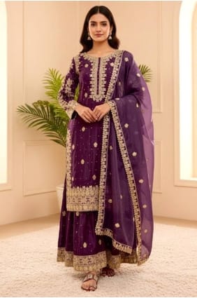 Ensemble palazzo violet en soie à sequins pour l'Aïd PZ4302