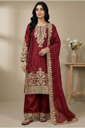 Ensemble palazzo rouge en soie à sequins avec dupatta PZ4344