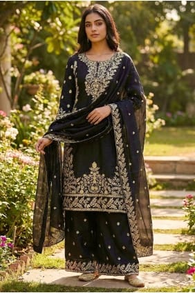 Salwar Kameez Eid en soie noire avec sequins SK155990