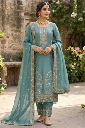 Salwar Kameez en soie bleue à sequins SK156095