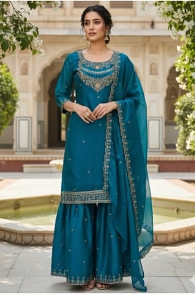 Ensemble palazzo en soie bleu sarcelle à sequins SS1339