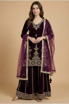 Ensemble Palazzo Eid en velours bordeaux à sequins PZ4281