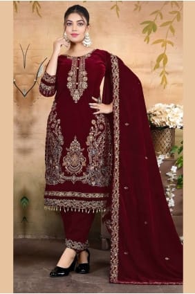 Salwar Kameez en velours bordeaux à sequins pour l'Aïd avec dupatta SK155981
