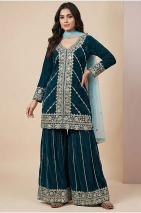 Ensemble palazzo en velours bleu sarcelle à sequins pour l'Aïd PZ4282