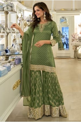 Ensemble sharara en viscose à sequins vert avec dupatta SS1321