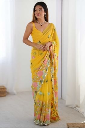 Sari en georgette avec travail de paillettes en jaune SR28667