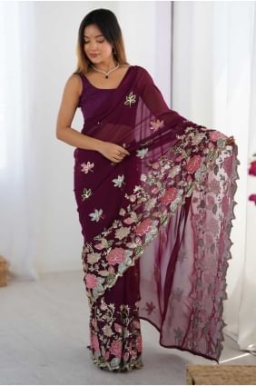 Sari en georgette de couleur vin avec travail de paillettes SR28666