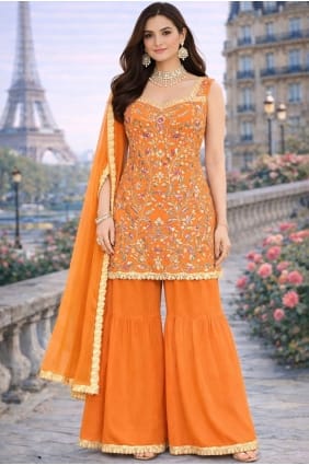 Ensemble Sharara orange avec georgette brodée SS1308