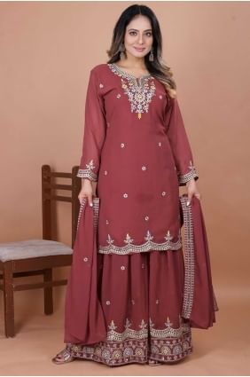 Costume Sharara en fausse georgette tissée en rose avec dupatta SS1276
