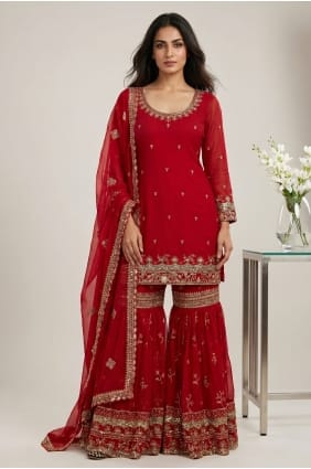 Ensemble Sharara rouge en georgette synthétique brodée SS1377