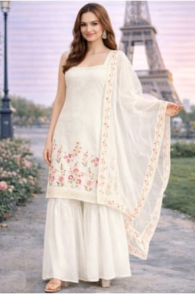 Ensemble Sharara blanc en georgette brodée SS1313