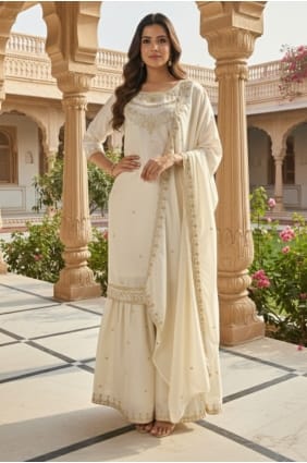 Ensemble Sharara blanc en soie à sequins avec dupatta SS1340