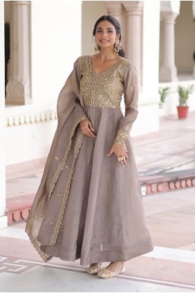 Anarkali gris pierre à paillettes scintillantes avec dupatta AS4306