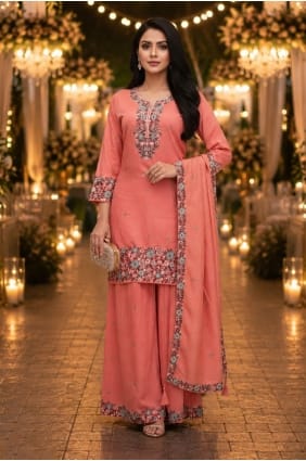 Ensemble palazzo scintillant couleur pêche avec broderies PZ4490