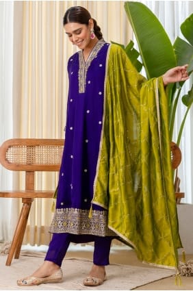 Ensemble Anarkali bleu en soie brodée avec dupatta AS4353