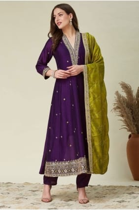 Anarkali en soie brodée violette AS4237