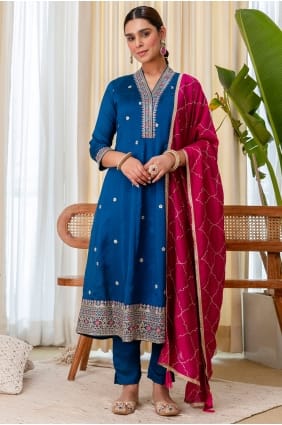 Ensemble Anarkali en soie turquoise brodée avec dupatta AS4354