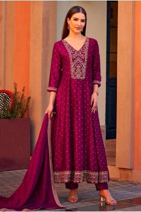 Robe Anarkali rose en soie avec broderies AS4135