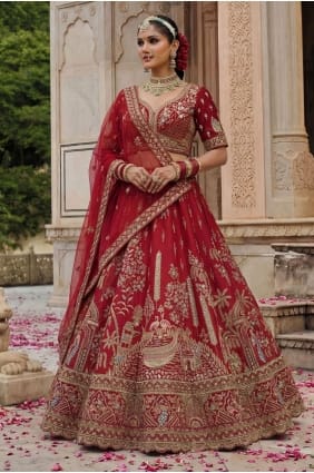 Ensemble Lehenga de mariée en soie brodée rouge avec dupatta LC8939