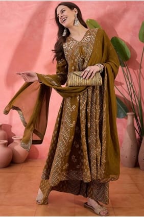 costume palazzo en soie marron brodé PZ4145