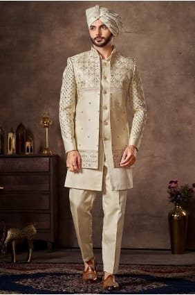 Kurta en soie brodée pour homme, couleur crème, avec dupatta KURR251