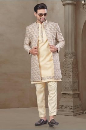 Pyjama kurta en soie crème pour homme avec gilet imprimé KURR517
