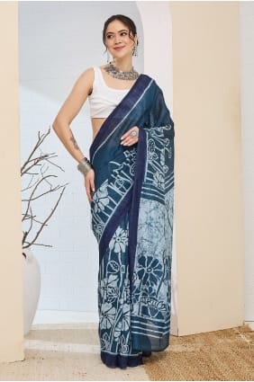 Sari bleu en soie avec imprimé numérique SR30219