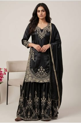 Salwar Kameez noir avec soie brodée SS1380