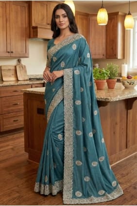 Sari en soie brodé de bleu SR29635