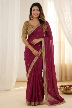 Sari bordeaux en soie brodée SR30140