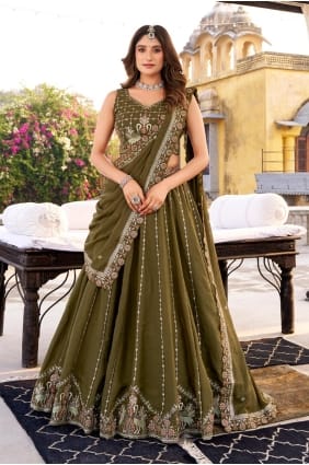 Lehenga Choli en soie brodée vert olive LC8886