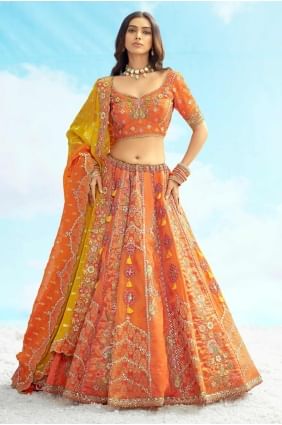 choli lehenga orange brodé en soie avec dupatta LC8474