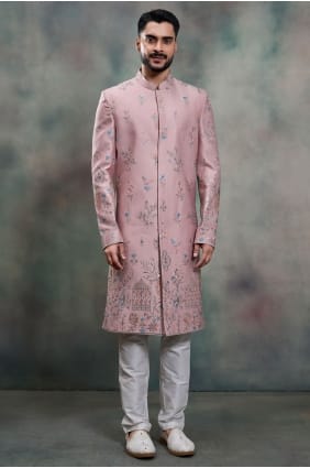 Kurta rose pour homme en soie avec broderies KURR254