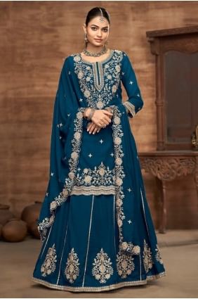 Lehenga choli bleu sarcelle brodé en soie avec dupatta LC8592