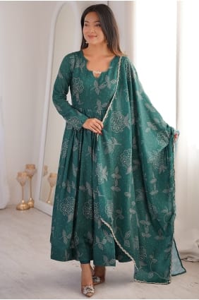 Anarkali en soie verte imprimée AS4352