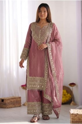 Ensemble palazzo en soie et dentelle rose avec dupatta PZ4486