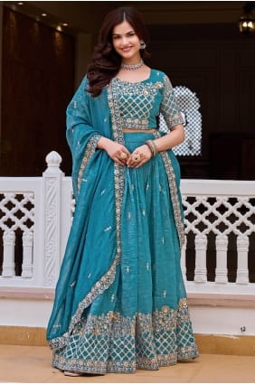 Lehenga Choli brodé en georgette synthétique bleu marine LC9057