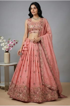 Lehenga Choli en soie pêche brodée LC8971