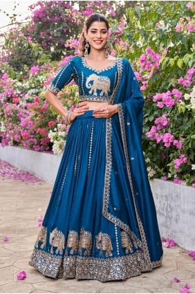 Lehenga Choli bleu sarcelle en fil de soie avec dupatta LC8950