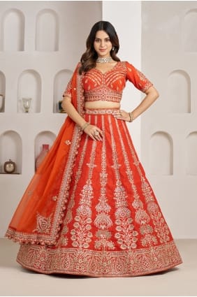 Lehenga Choli en soie faite main couleur rouille avec dupatta LC9107