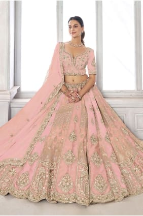 Lehenga Choli rose à main en soie LC9108