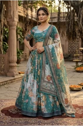 Lehenga Choli en soie imprimée turquoise LC9131
