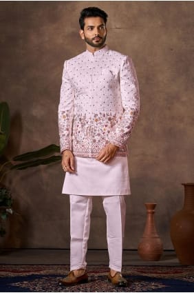 Kurta pour homme en soie brodée rose clair KURR244
