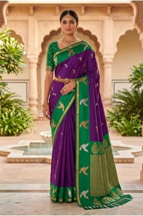 Sari magenta en soie brodée avec chemisier assorti SR30203