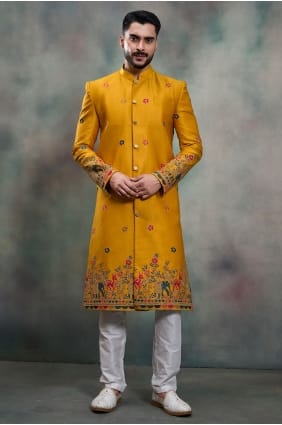 Kurta pour homme en soie moutarde brodée avec dupatta KURR253