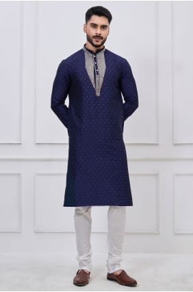 Kurta en soie brodée pour homme, bleu marine, avec dupatta KURR257